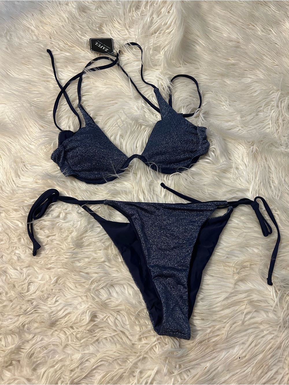 Shimmery Navy Triangle Tie-Side Bikini - Women Swim